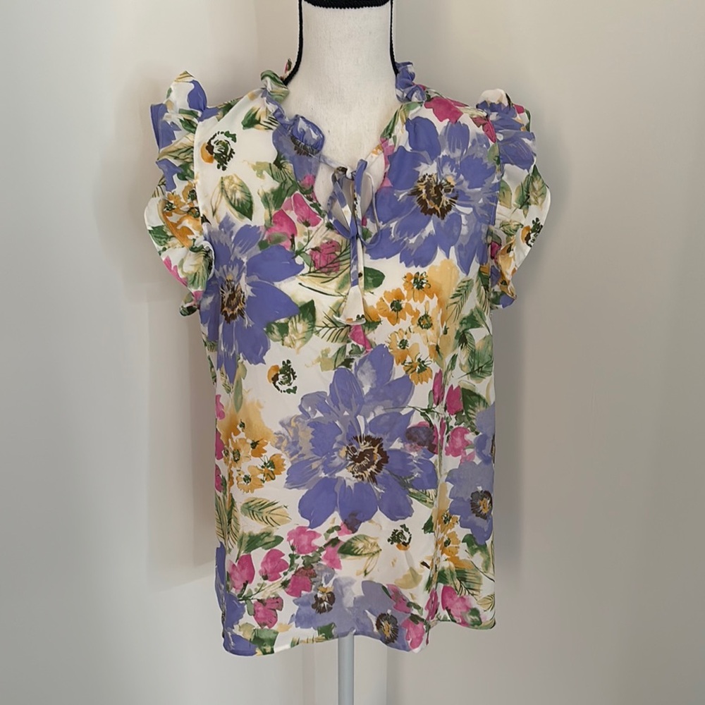 Pleione Floral Ruffle Sleeve Blouse - Purple, Pink, Green